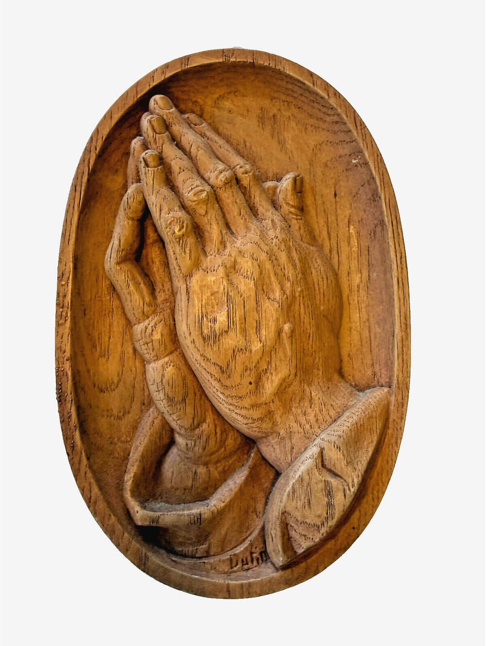 VTG Oval Wood Hand Intricate Carved 3D Praying Hands; Christianity, Jesus